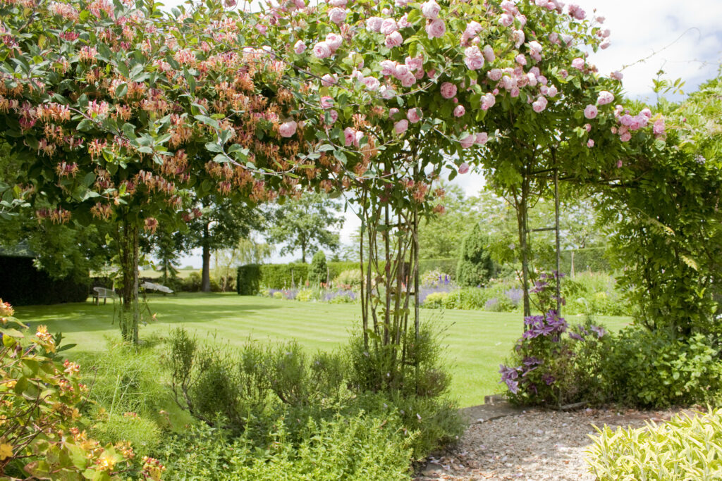 Rose arches, trees, manicured lawn and flowers in grounds of Guyers House